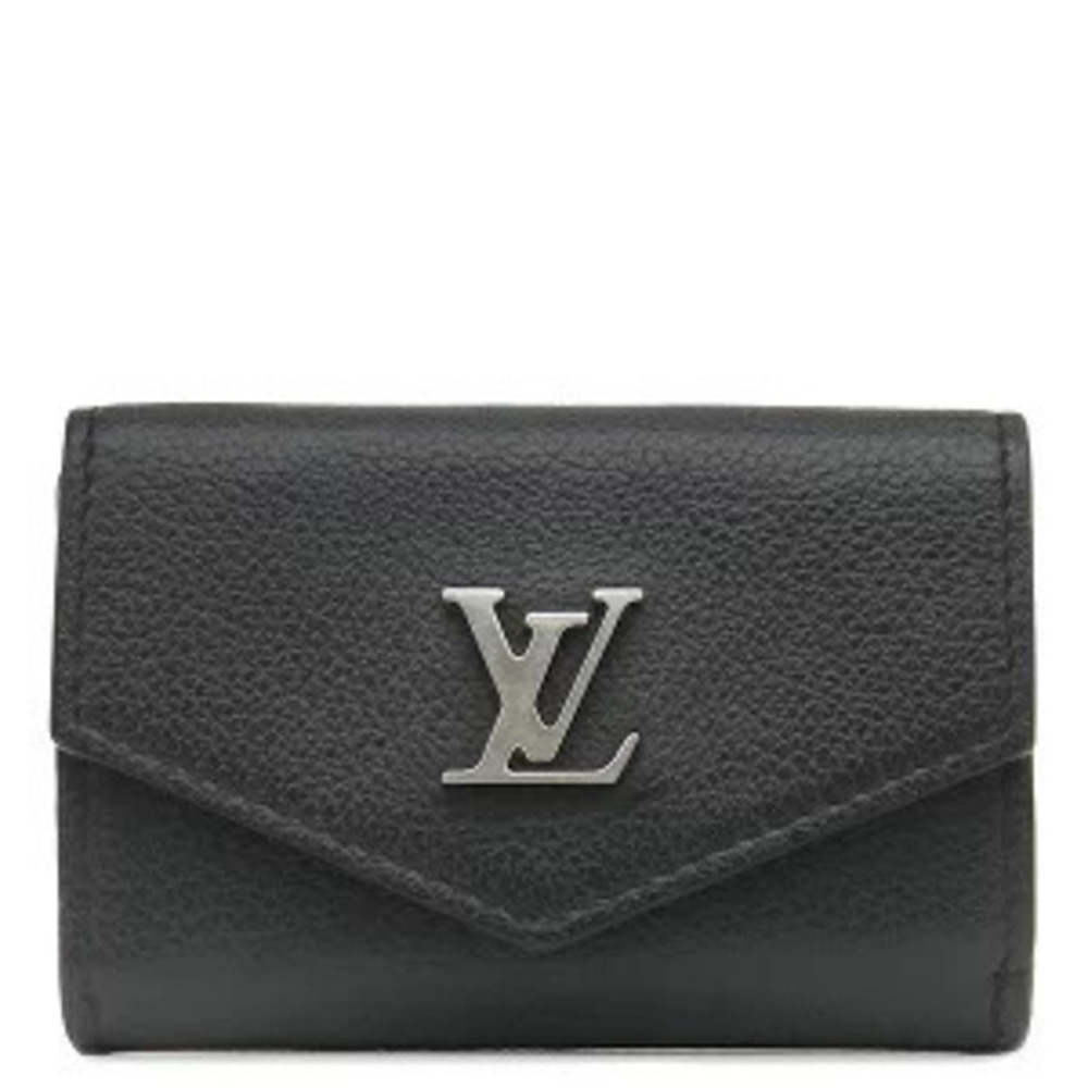 Louis Vuitton Portefeuille Lock Tri fold Wallet Calfskin Black Compact
